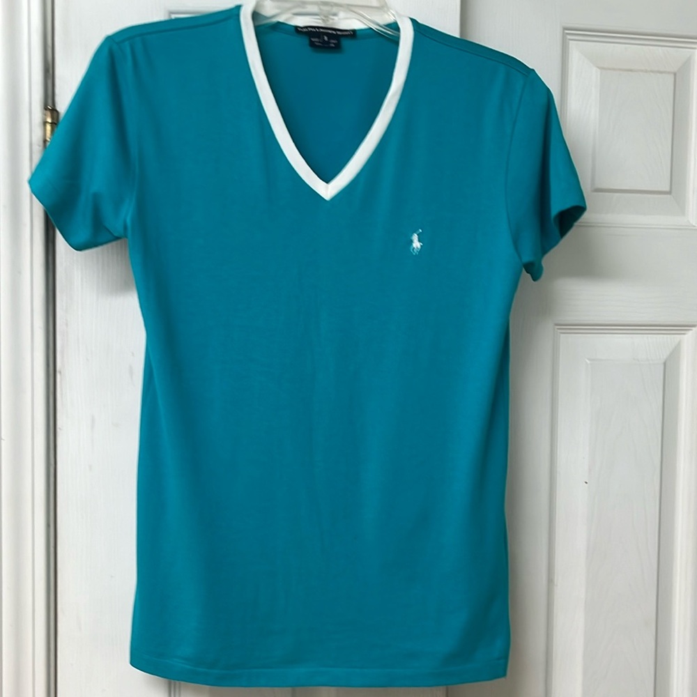 Ralph Lauren Sport Teal Green Vneck short sleeve tshirt w/white trim & pony sz S